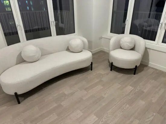 Amboise 3-Seater Curved Sofa with Ball Cushions, Beige Linen Blend +Amboise Armchair with Ball Cushion, Beige Linen Blend