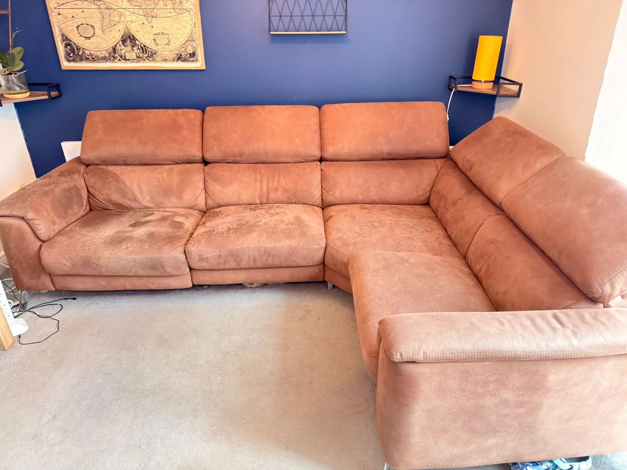 DFS Brown corner sofa with recliner and mobile head rests
