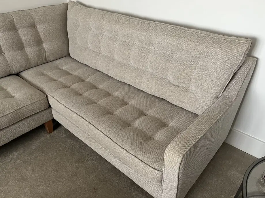 Camden corner sofa in oatmeal tweed. Manufactured by Westbridge Upholstery.
