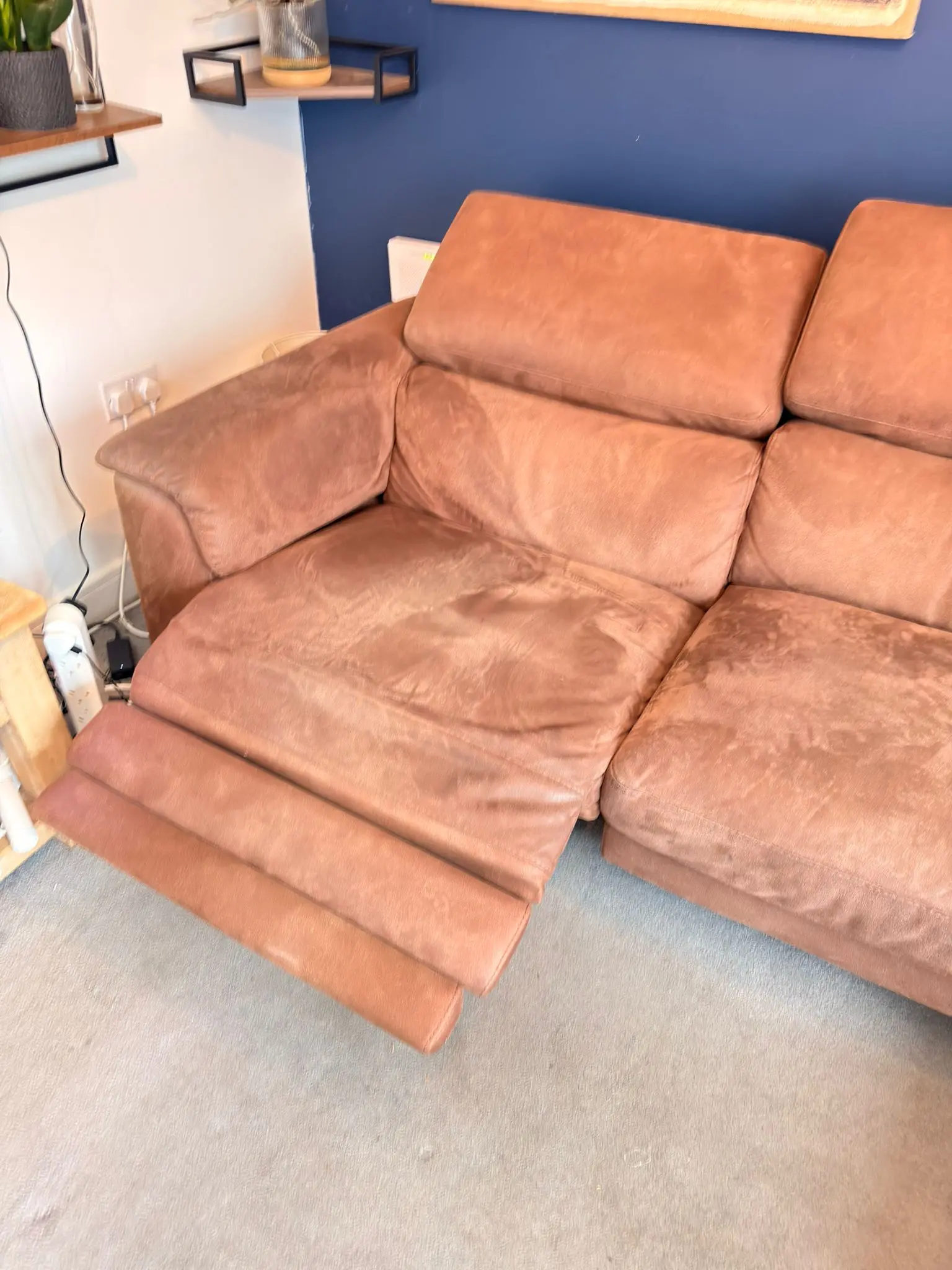 DFS Brown corner sofa with recliner and mobile head rests