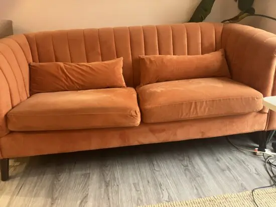 Orange velvet 3 seater sofa