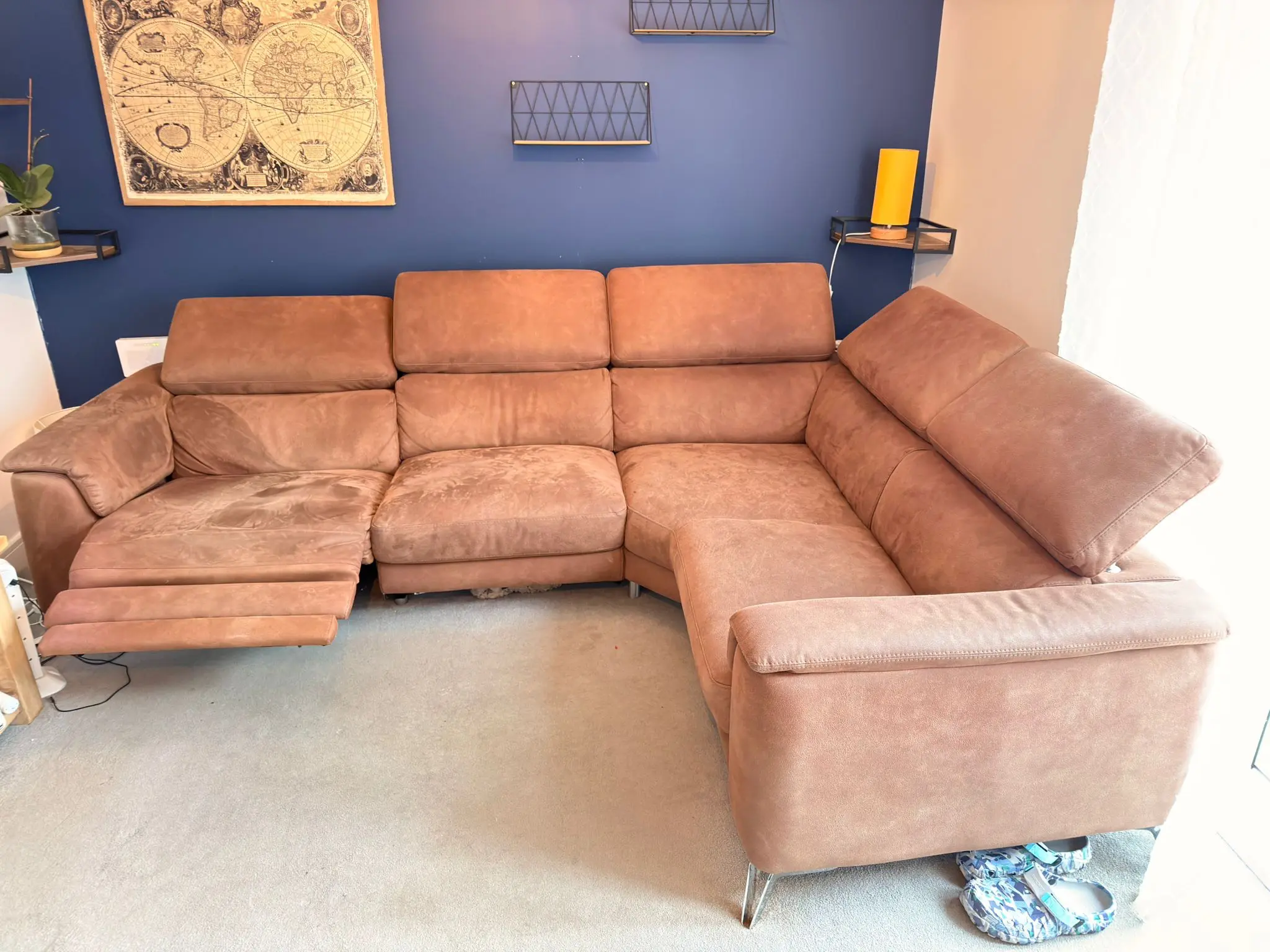 DFS Brown corner sofa with recliner and mobile head rests
