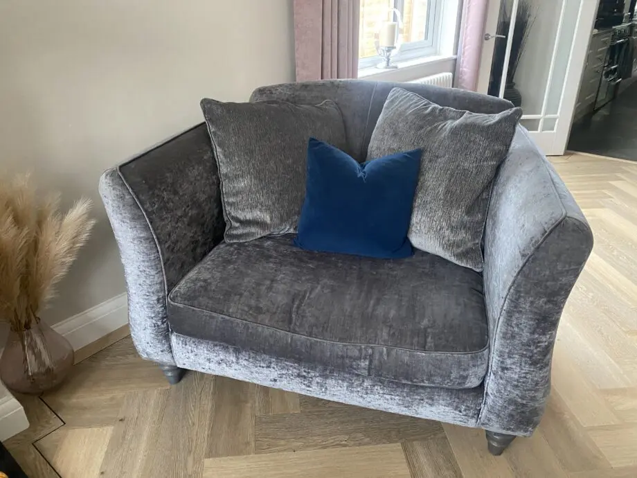 Grey velvet 4 Seater Sofa and Cuddle Chair