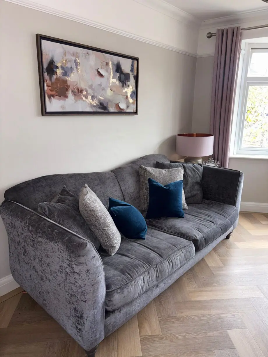 Grey velvet 4 Seater Sofa and Cuddle Chair