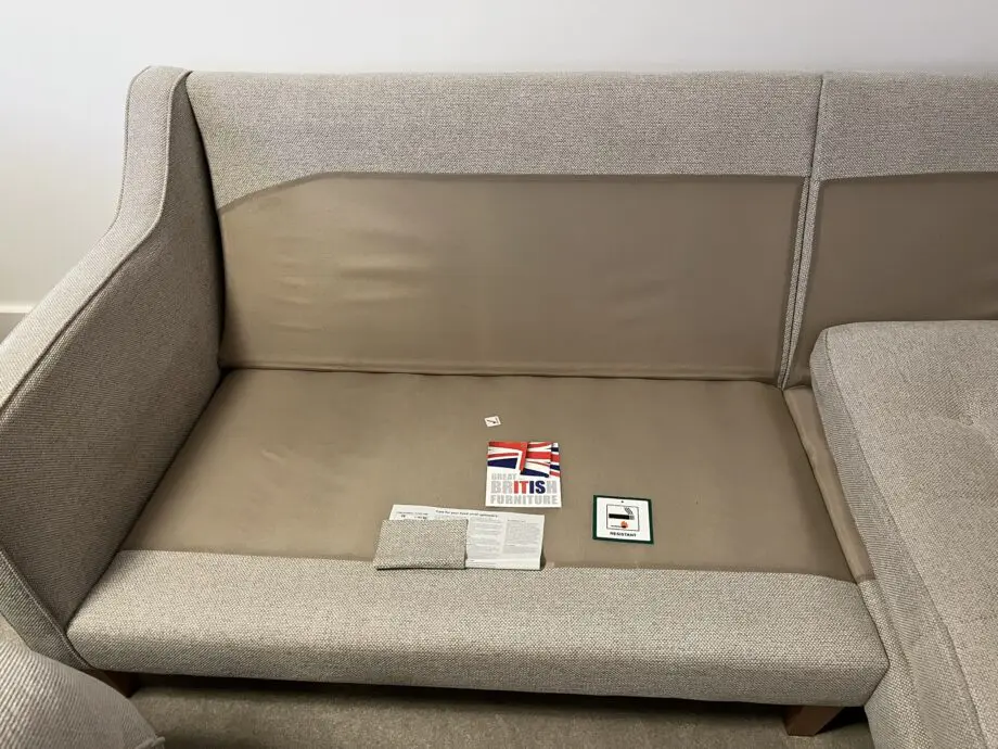 Camden corner sofa in oatmeal tweed. Manufactured by Westbridge Upholstery.