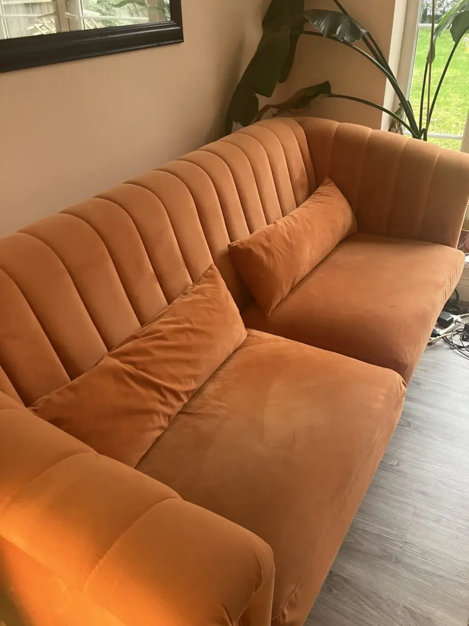Orange velvet 3 seater sofa