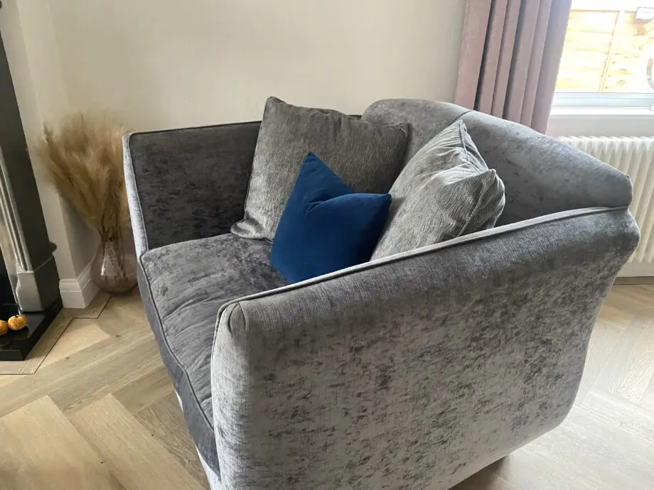Grey velvet 4 Seater Sofa and Cuddle Chair