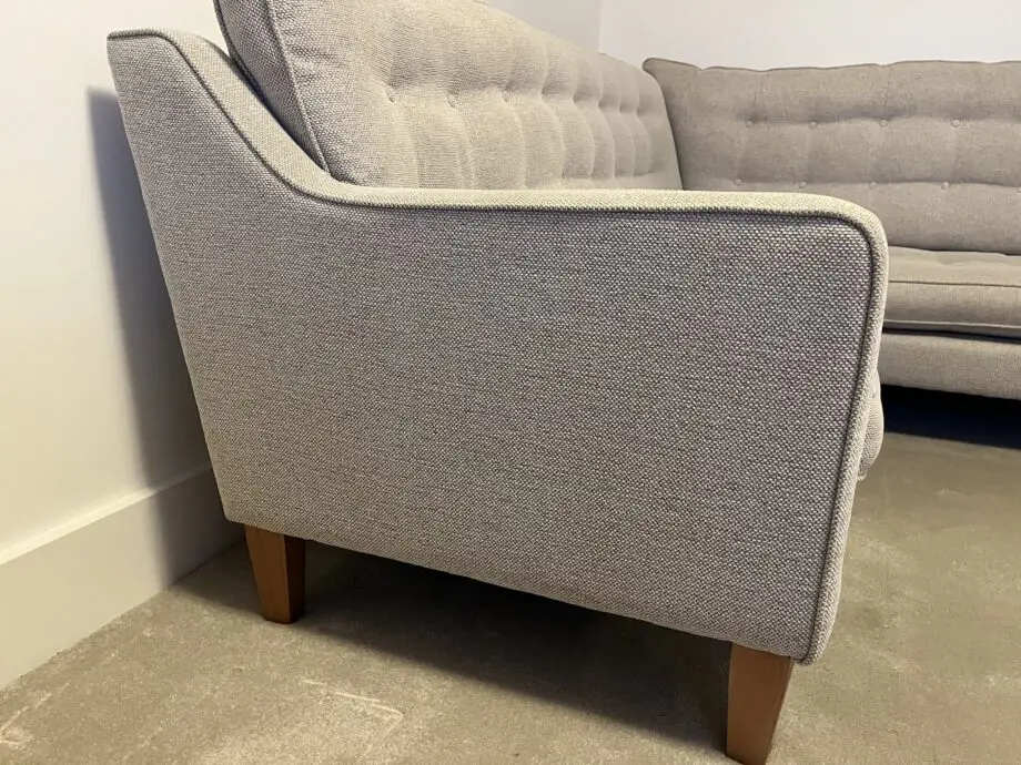 Camden corner sofa in oatmeal tweed. Manufactured by Westbridge Upholstery.