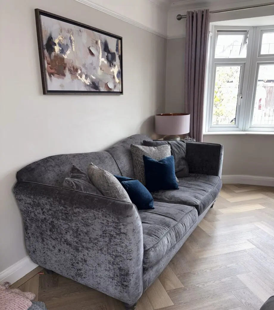 Grey velvet 4 Seater Sofa and Cuddle Chair