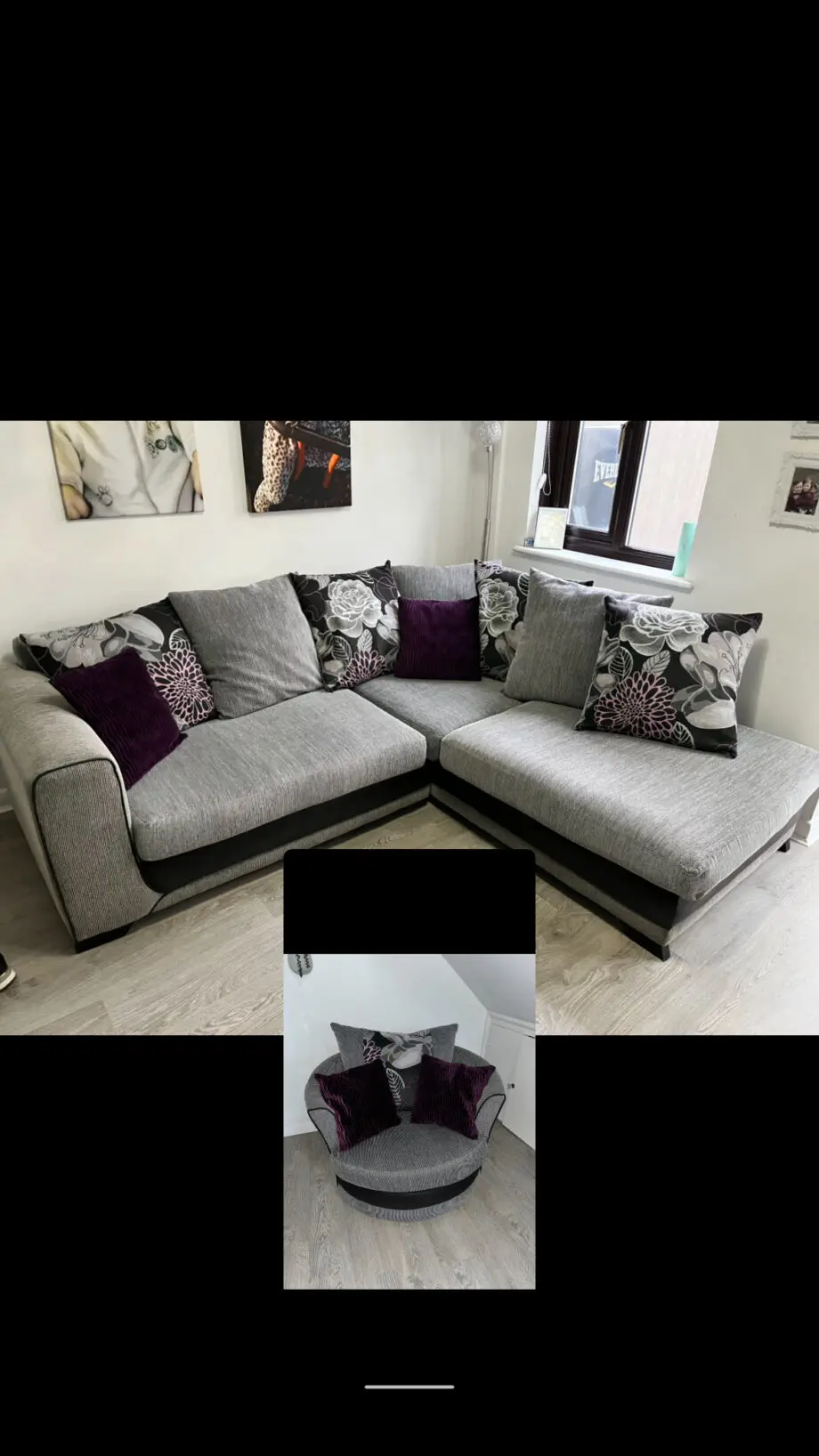 SCS Grey, black & purple Danni corner sofa with small cuddle chair