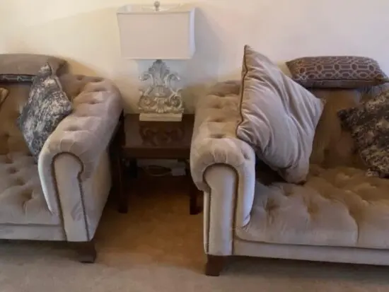 Ponsfords, Alexander and James. Mink velvet fabric snuggler chairs.