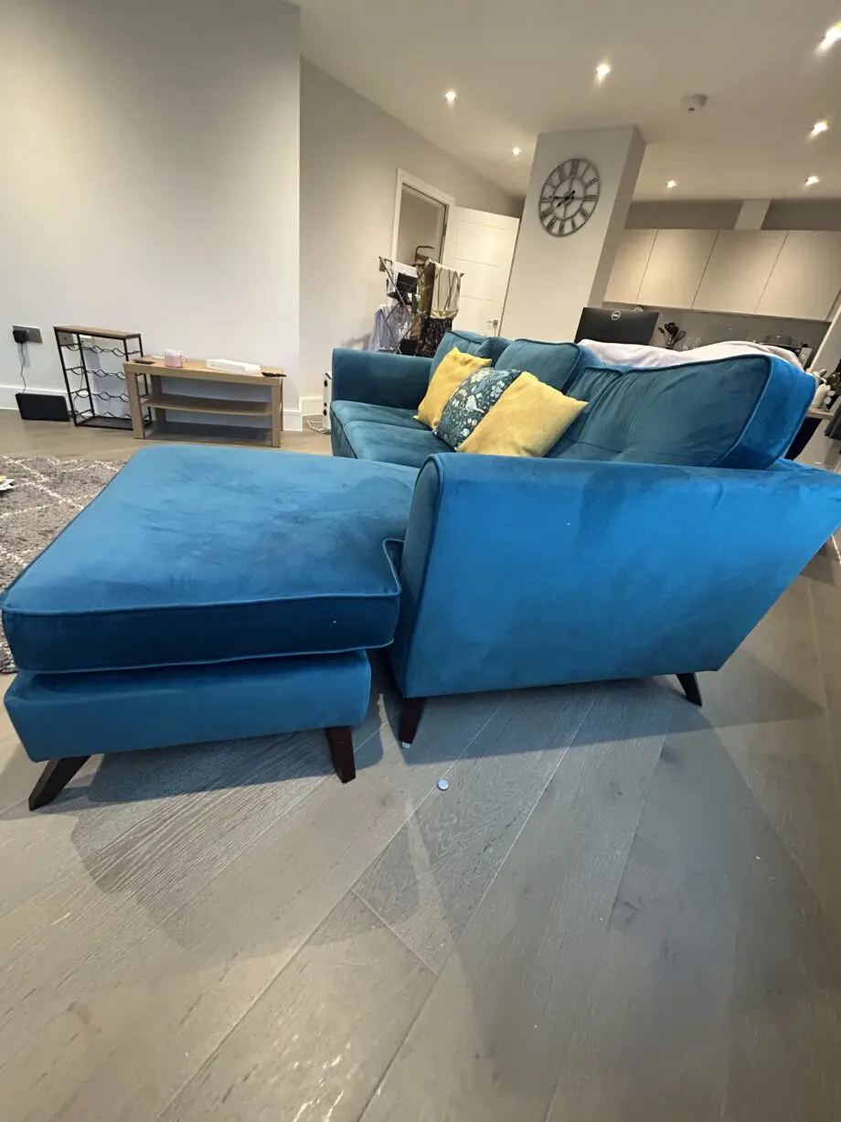 DFS Teal velvet L shape sofa
