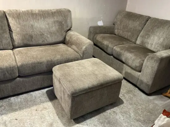 Mink 3 & 2 seater sofas & footstool, only 3 months old!