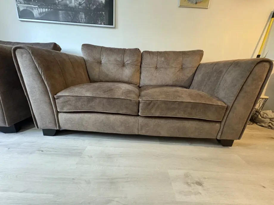 Mariah 2 Seater Fabric Classic Back Sofa & Mariah Classic Back Fabric Snuggler Chair brown