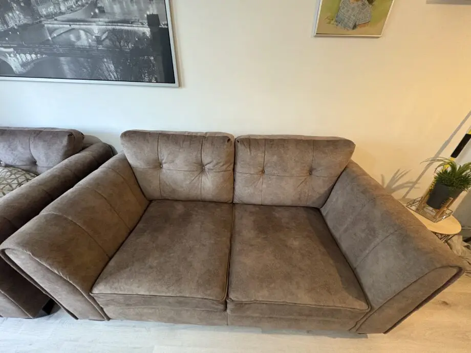 Mariah 2 Seater Fabric Classic Back Sofa & Mariah Classic Back Fabric Snuggler Chair brown