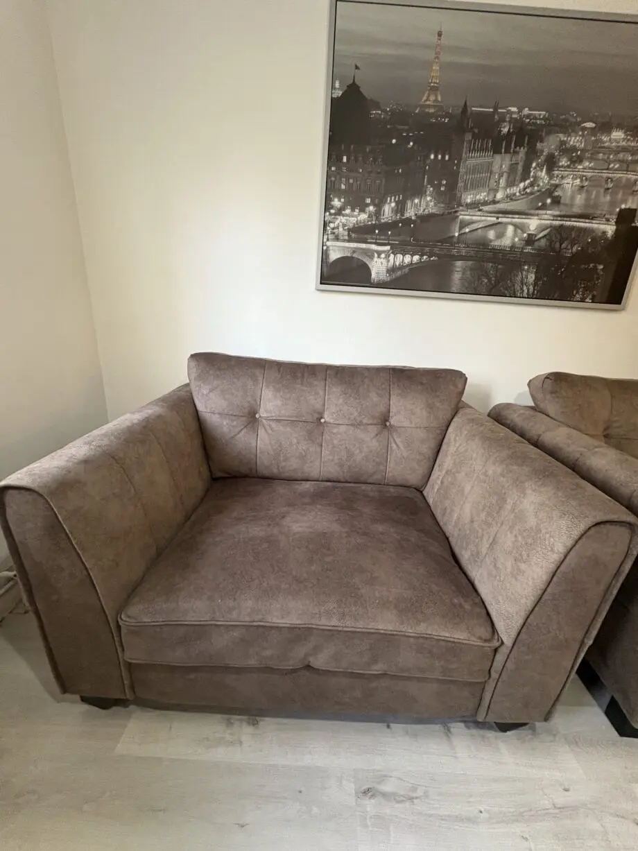 Mariah 2 Seater Fabric Classic Back Sofa & Mariah Classic Back Fabric Snuggler Chair brown