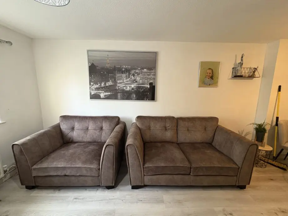 Mariah 2 Seater Fabric Classic Back Sofa & Mariah Classic Back Fabric Snuggler Chair brown