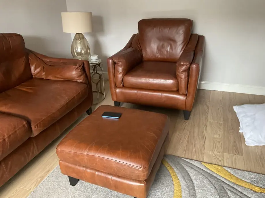Thomas Lloyd brown Hudson sofa and 2chairs plus footstool