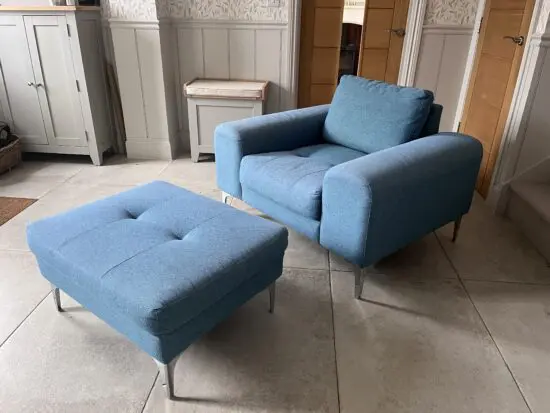 Made.com teal armchair and footstool