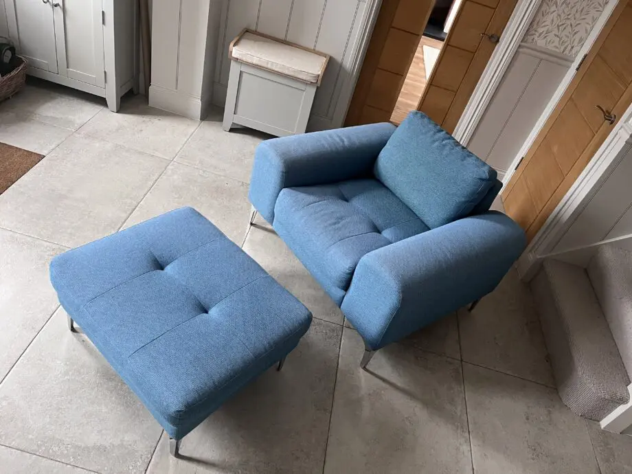 Made.com teal armchair and footstool