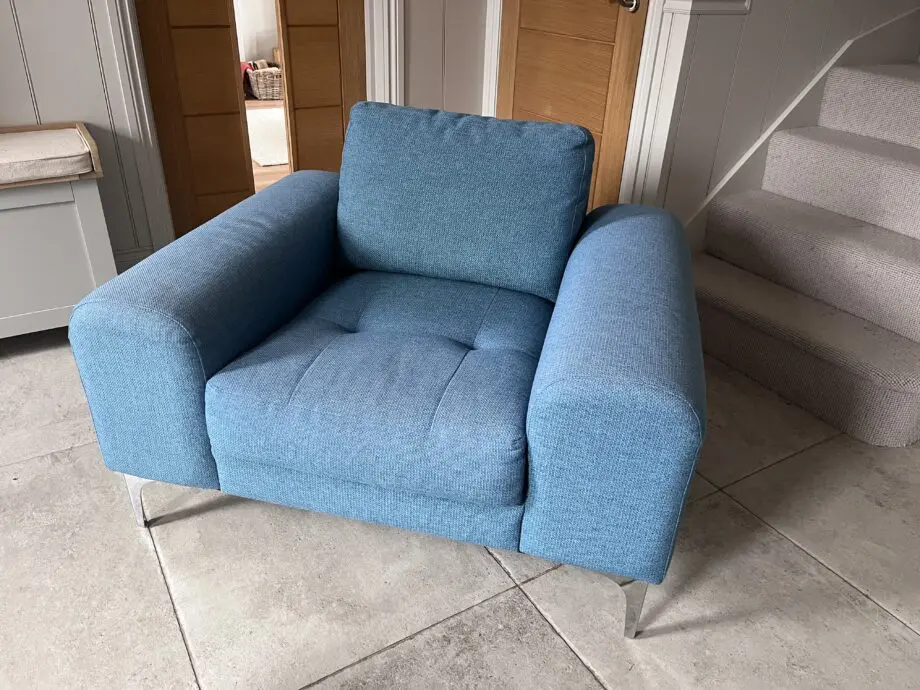 Made.com teal armchair and footstool