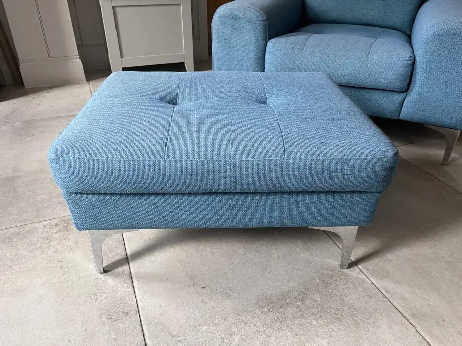 Made.com teal armchair and footstool