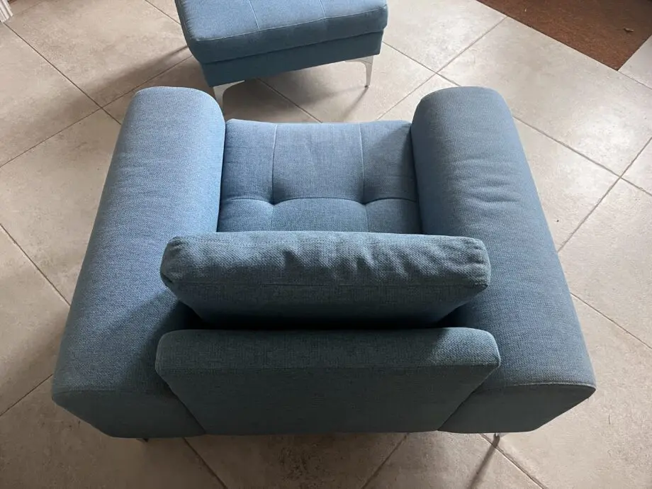 Made.com teal armchair and footstool