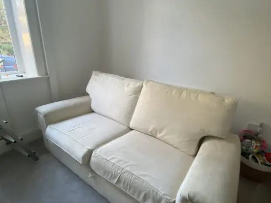 Cream sofa, chair & ottoman footstool
