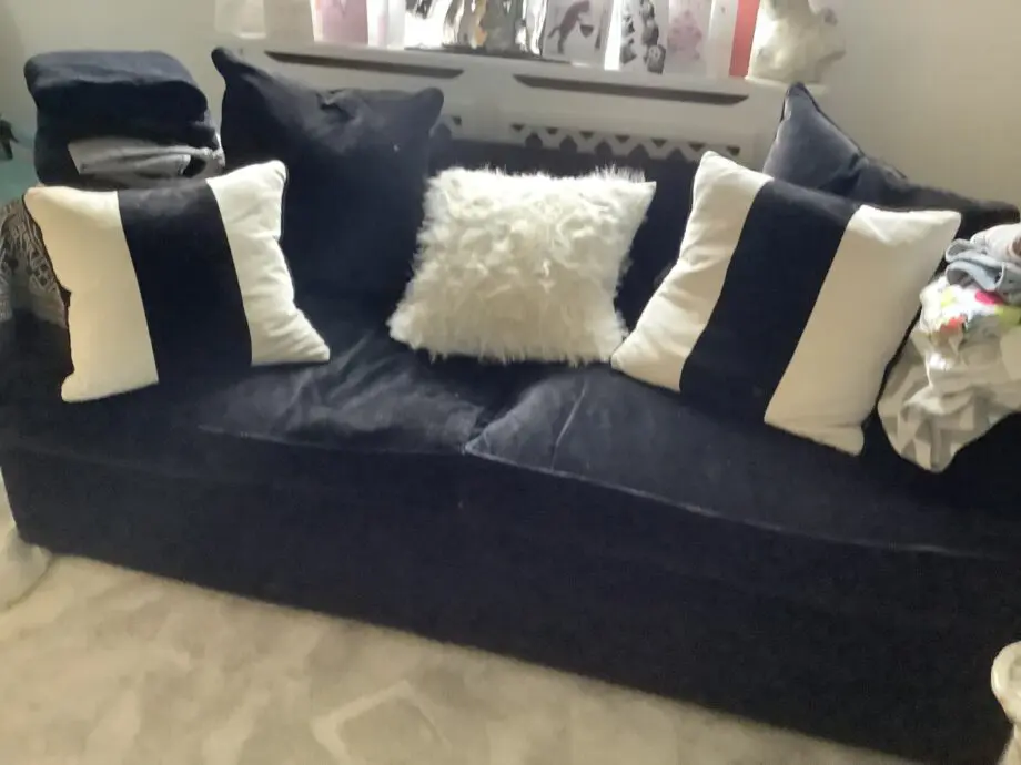 Heals 4 Seater and 3 Seater sofas. Black velvet. Chesterfield Style.