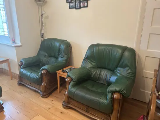 DFS Green 3 piece sofa set with footstool