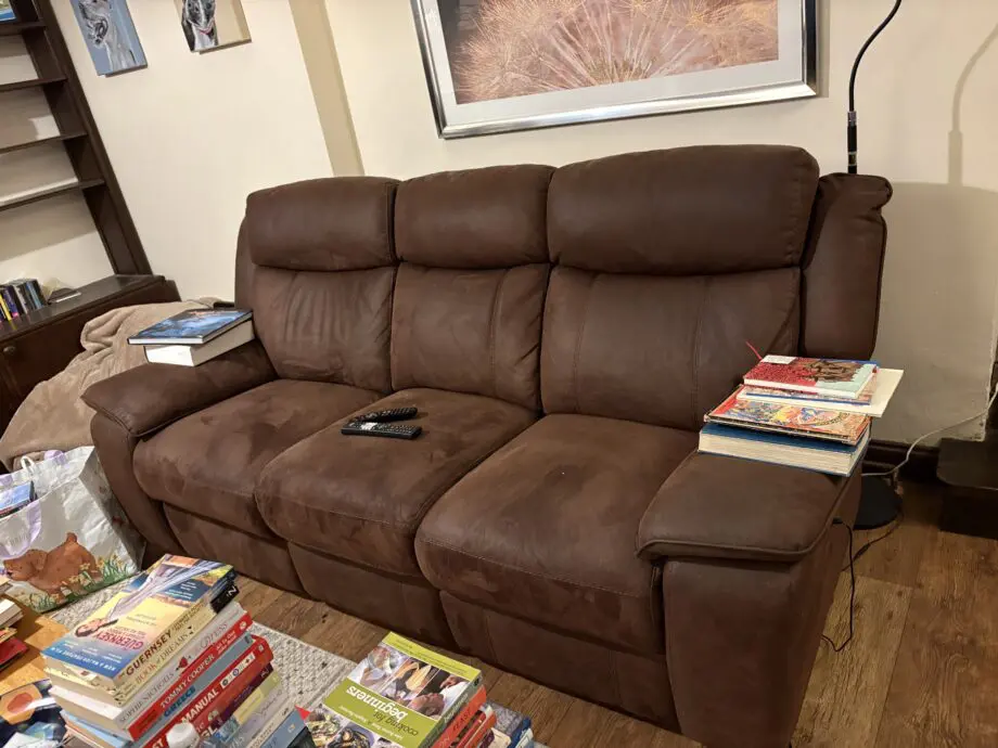 DFS Brown ‘suede’ electric recliner sofa
