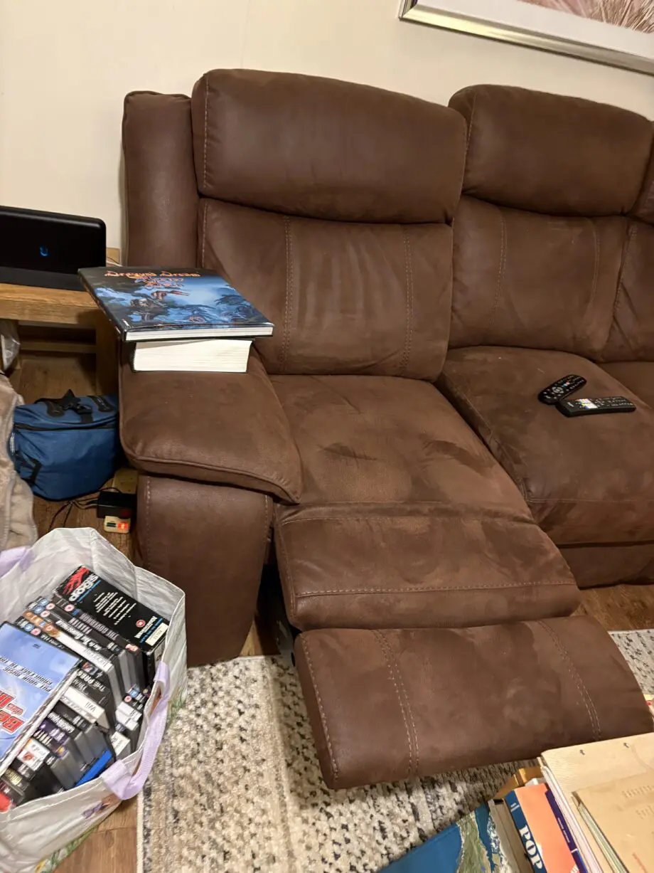 DFS Brown ‘suede’ electric recliner sofa