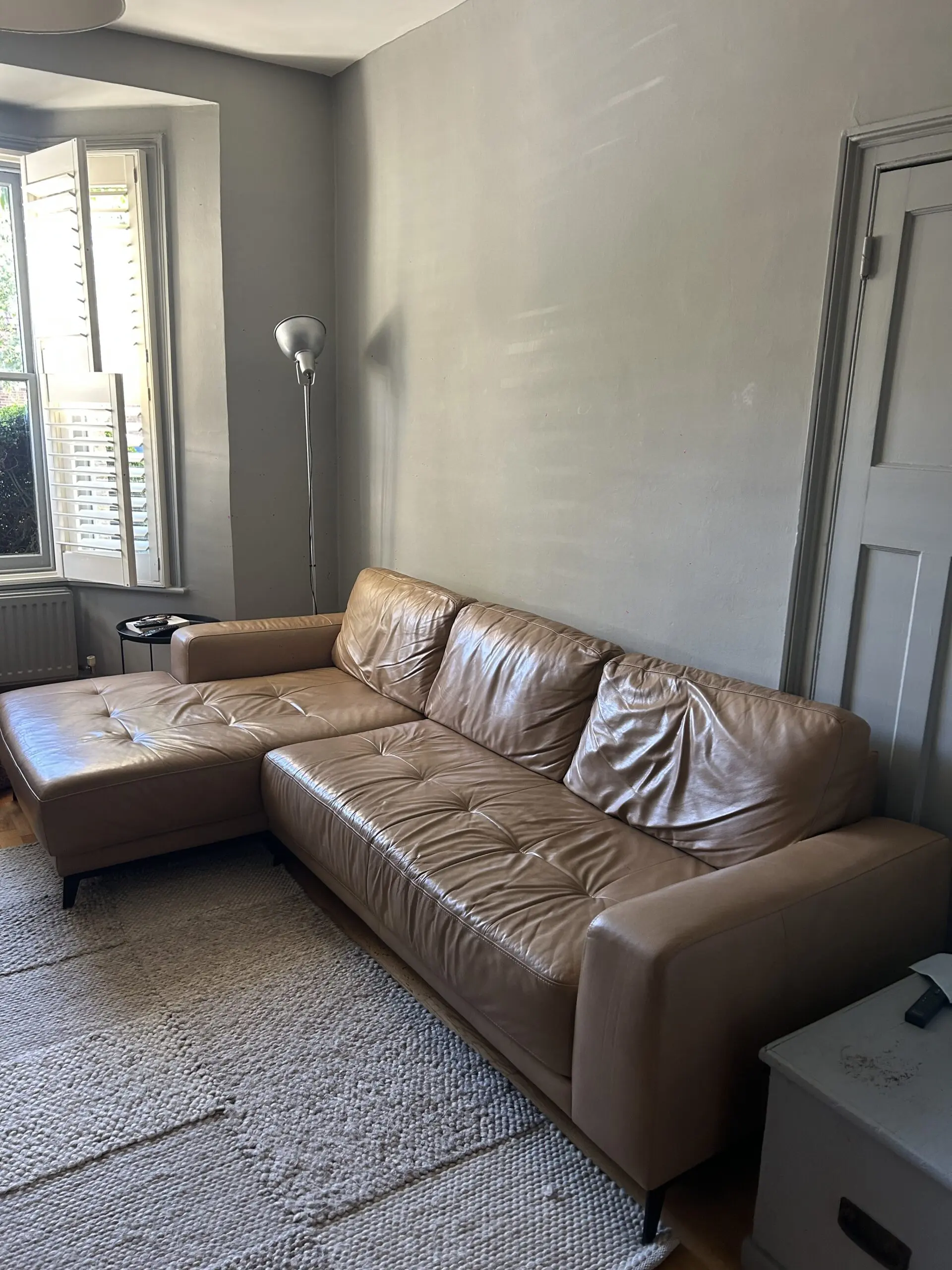 Tan leather left hand chaise sofa by Made