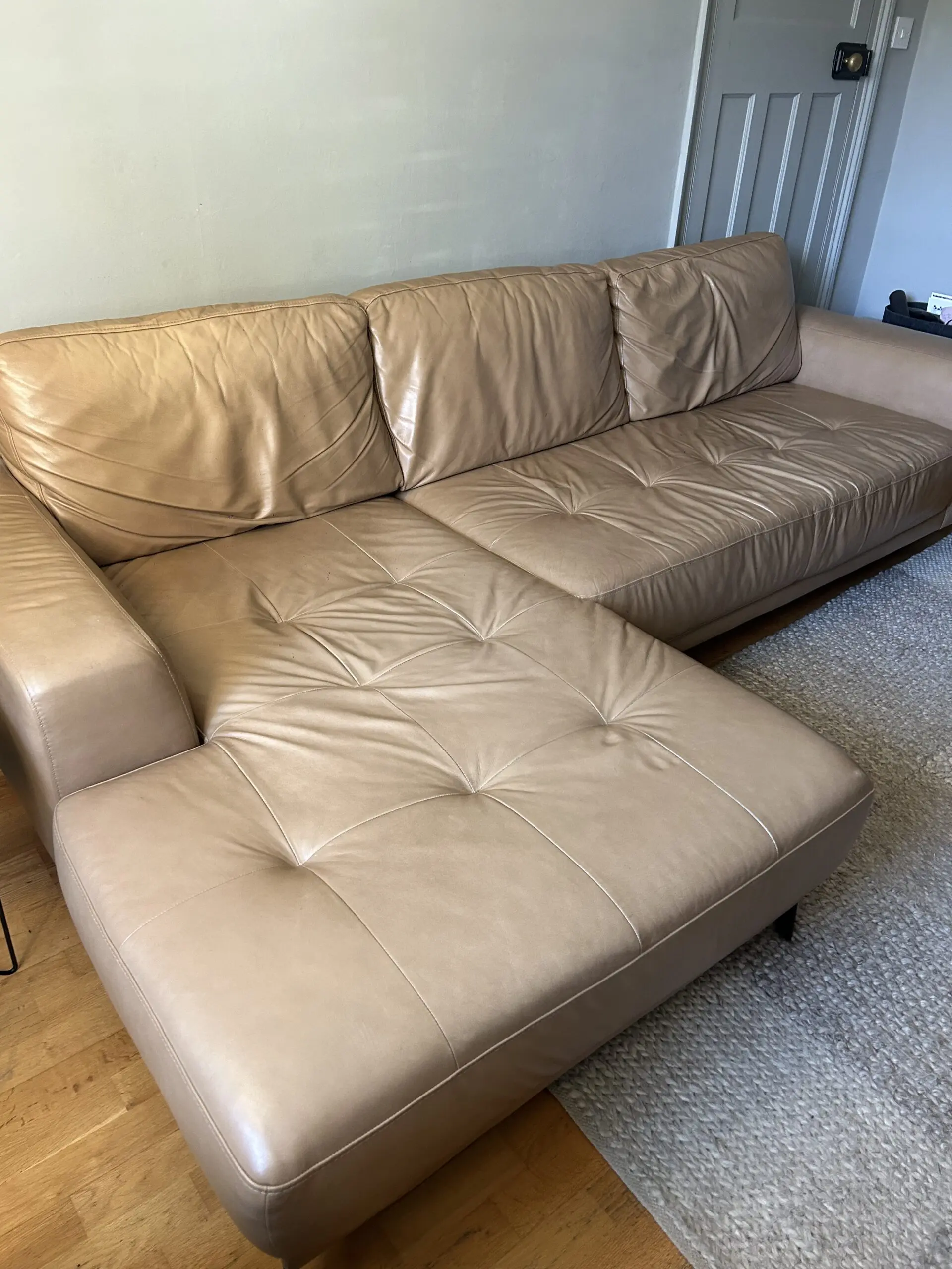 Tan leather left hand chaise sofa by Made