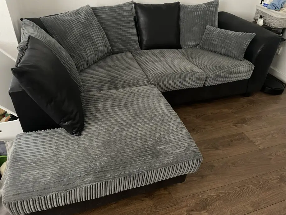 Luxor L Shaped 4 Seater Corner Sofa Black and Grey Jumbo Cord Leather Like Scatter Back Deep Seated Foam (Left Hand Facing Corner Sofa)