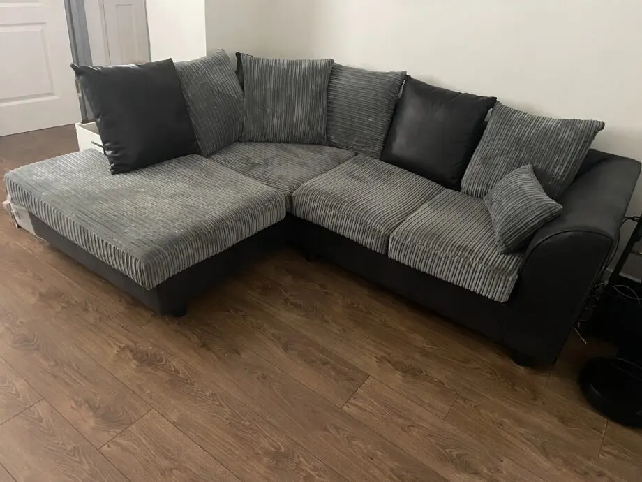 Luxor L Shaped 4 Seater Corner Sofa Black and Grey Jumbo Cord Leather Like Scatter Back Deep Seated Foam (Left Hand Facing Corner Sofa)