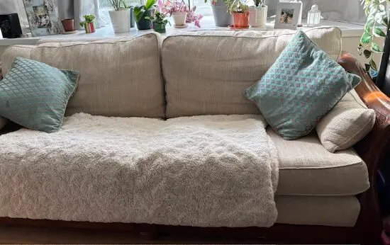 Beige sofa (material) with wooden frame