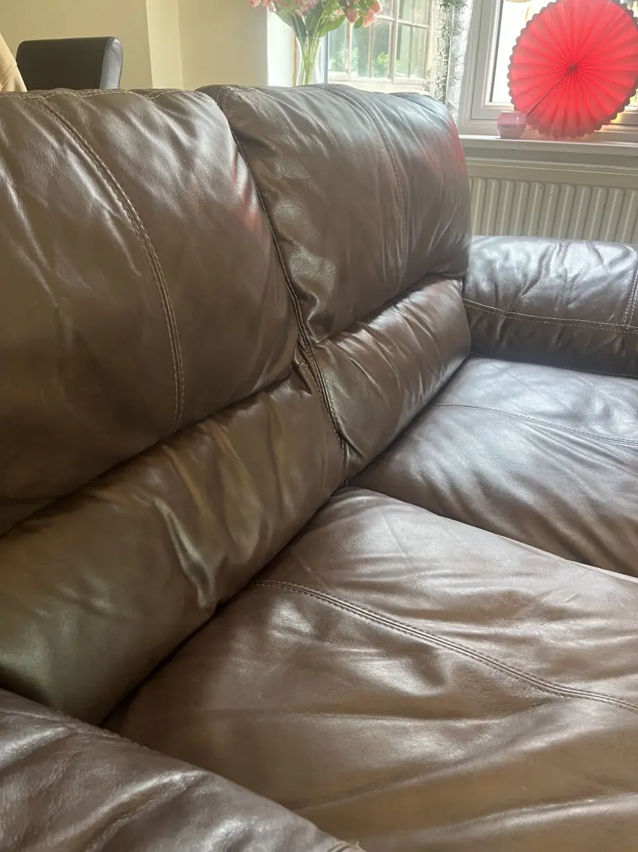 Brown leather sofas and poufees