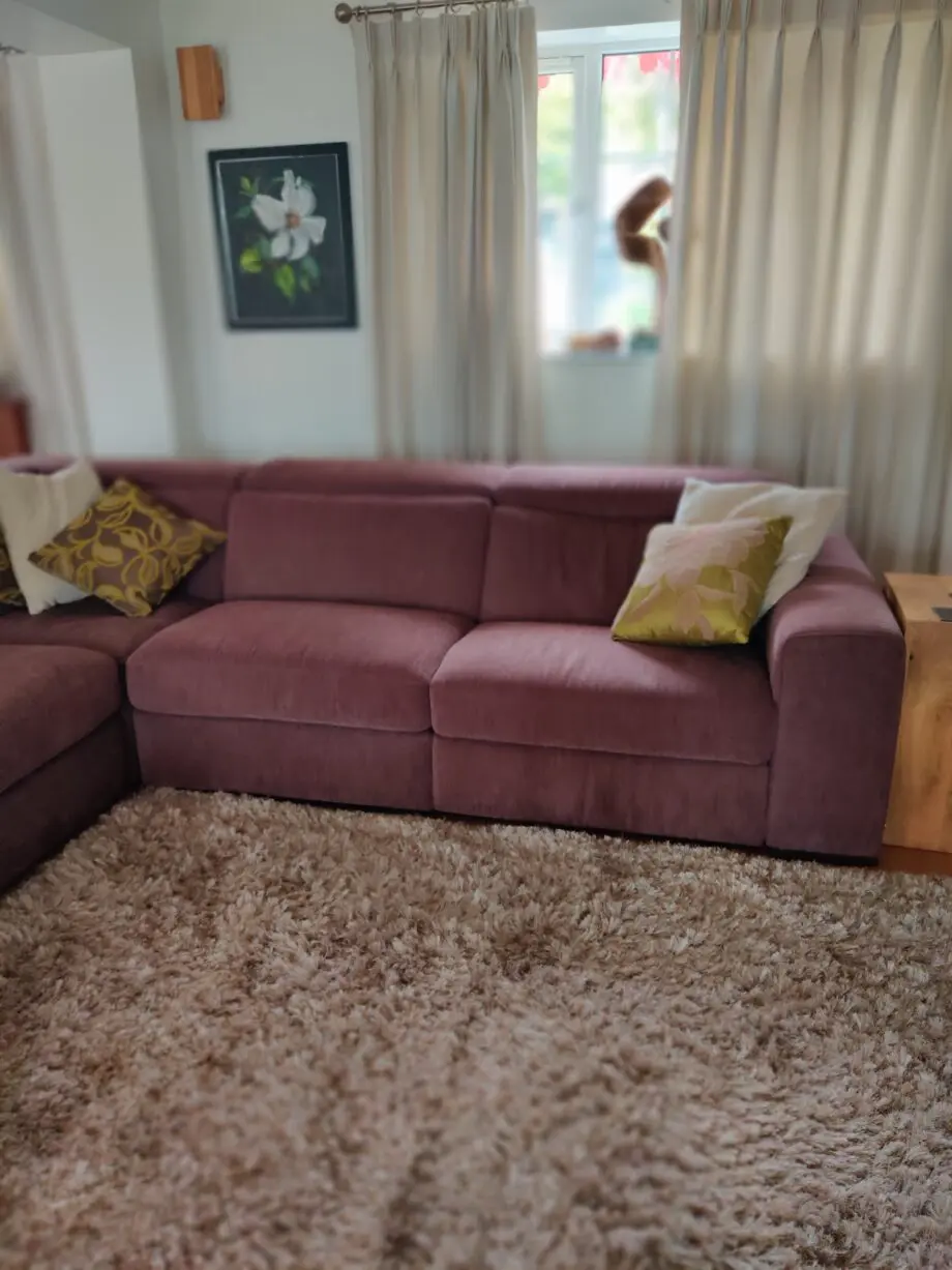 Natuzzi large corner Clyde sofa maroon fabric with foot rests