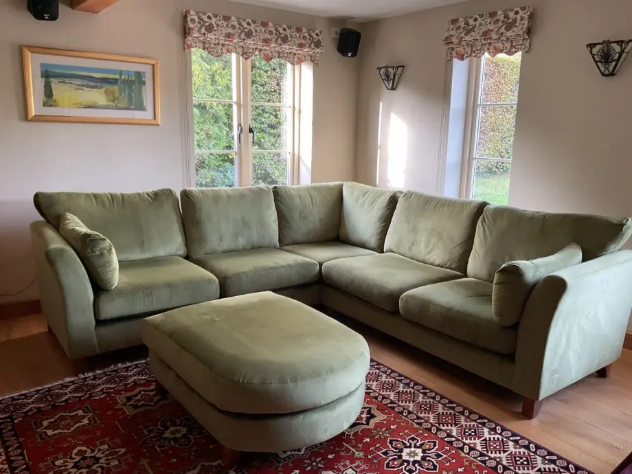 M&S green velvet corner sofa, five seater with foot stool