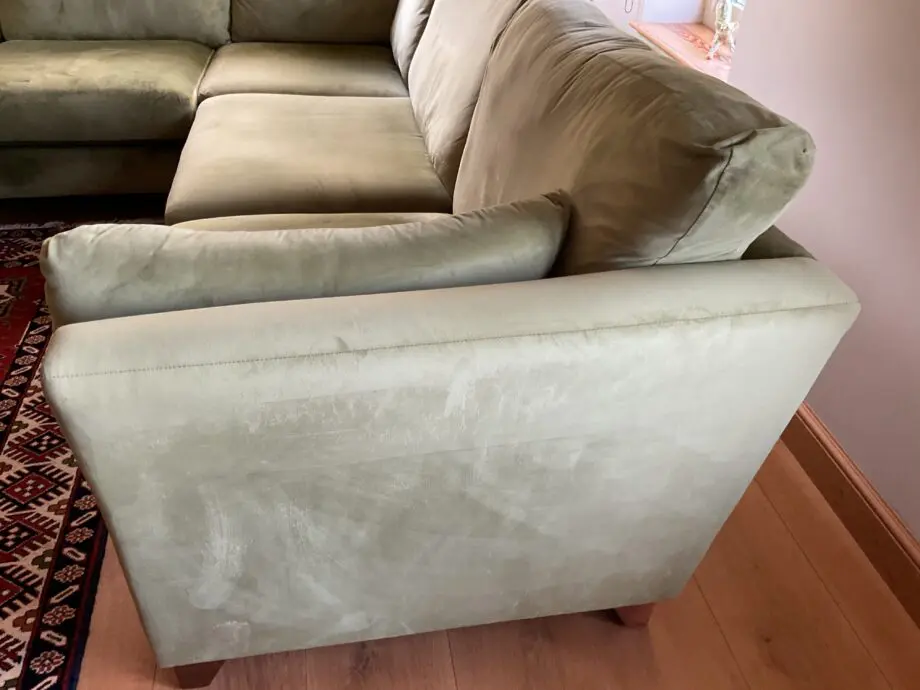 M&S green velvet corner sofa, five seater with foot stool