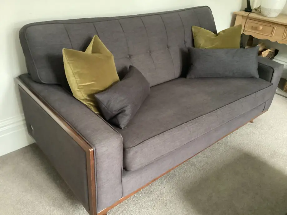 Two G Plan Vintage Agatha small 2.5 seat sofas and footstool