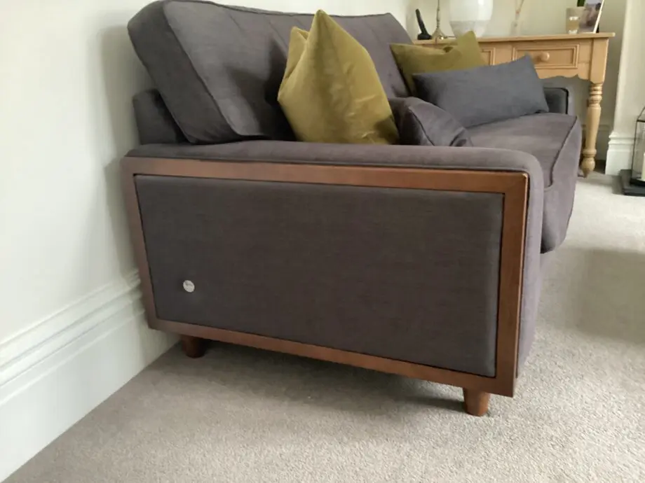 Two G Plan Vintage Agatha small 2.5 seat sofas and footstool