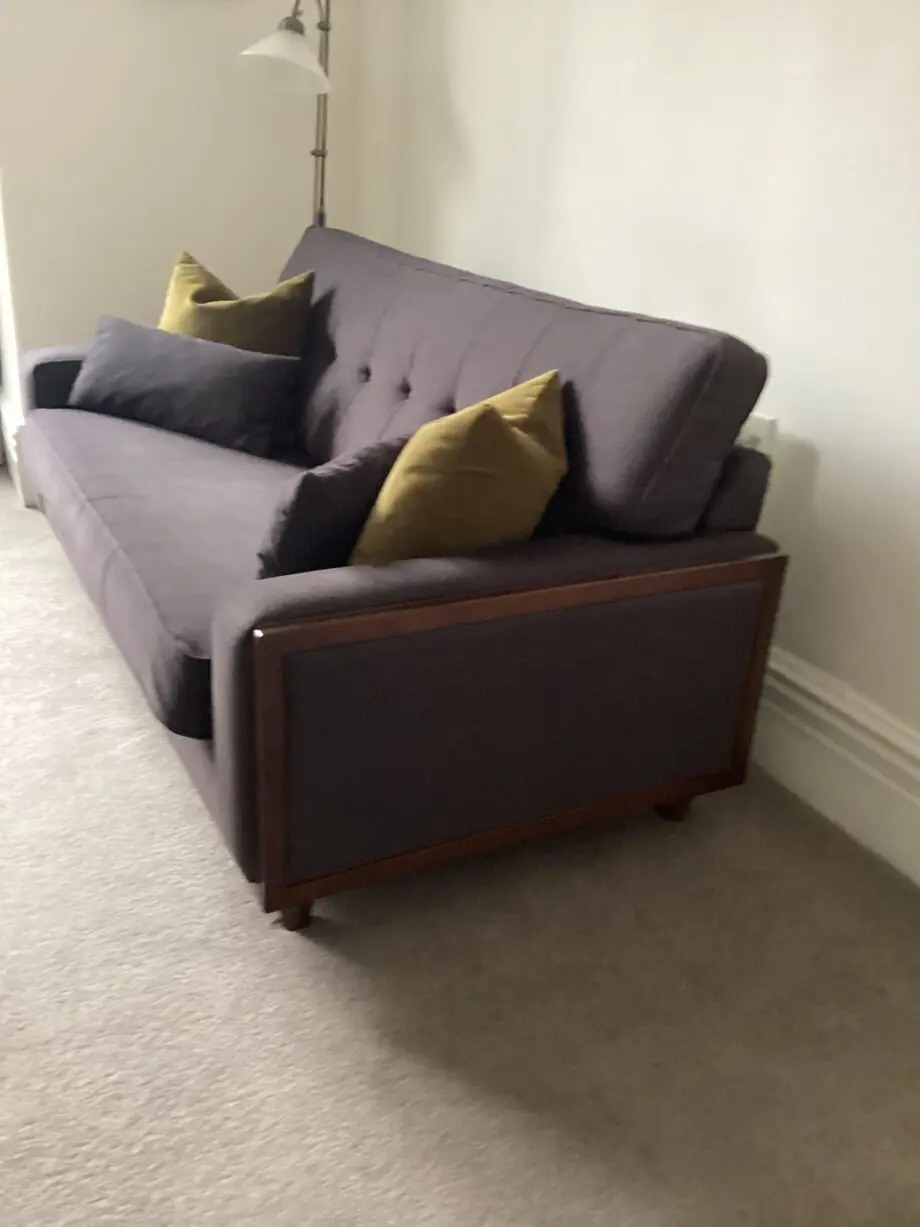 Two G Plan Vintage Agatha small 2.5 seat sofas and footstool