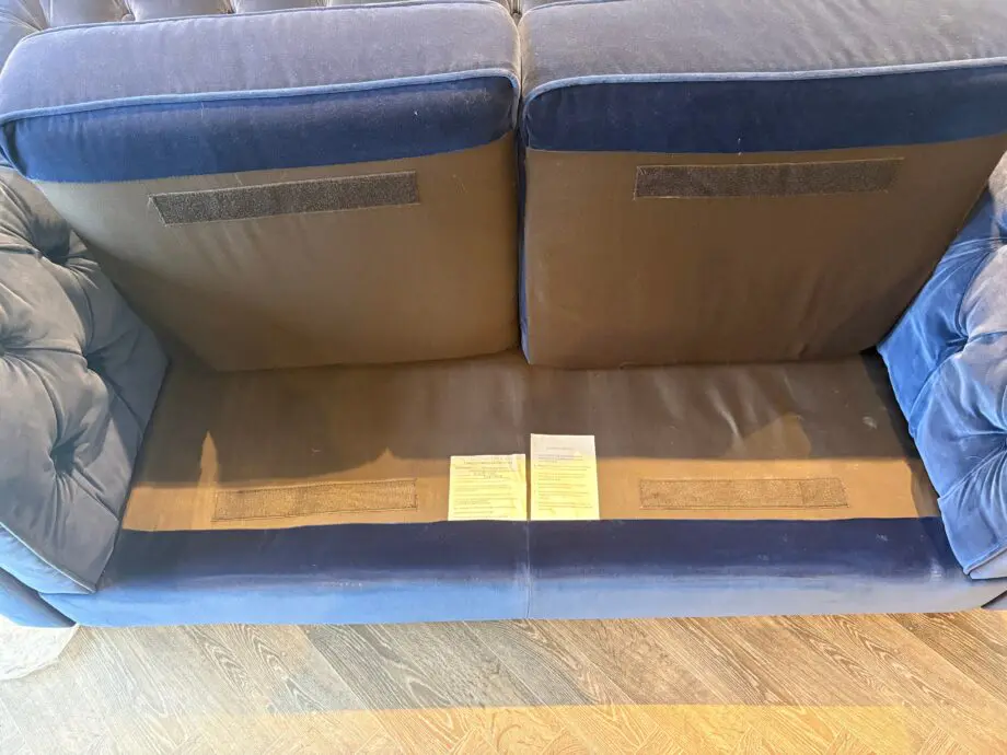 2 x Navy Velvet Chesterfield Sofas & Footstall excellent condition