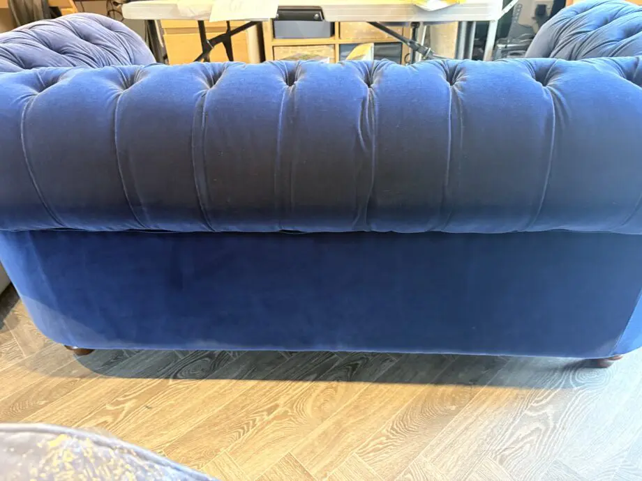 2 x Navy Velvet Chesterfield Sofas & Footstall excellent condition