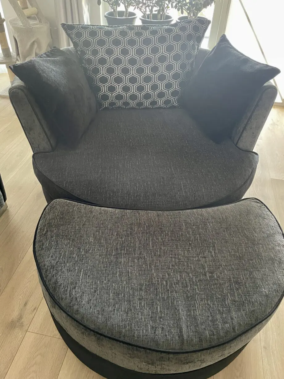 DFS Grey L-Shaped Sofa with Swivel Chair and Footstool
