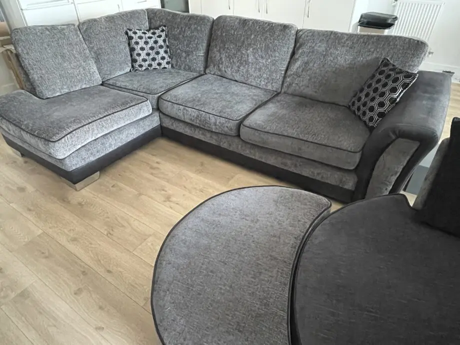 DFS Grey L-Shaped Sofa with Swivel Chair and Footstool