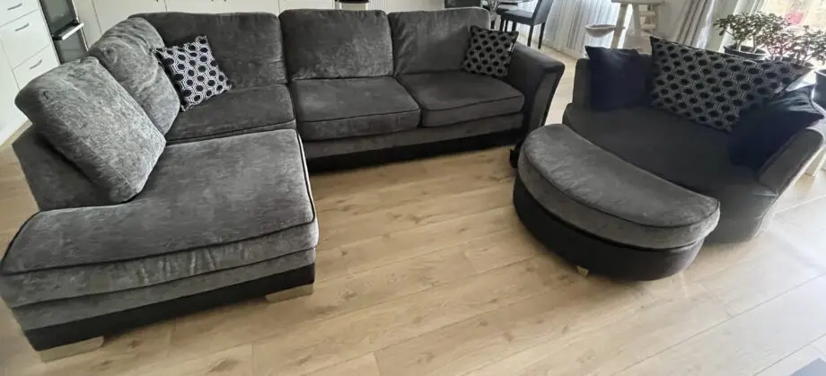 DFS Grey L-Shaped Sofa with Swivel Chair and Footstool