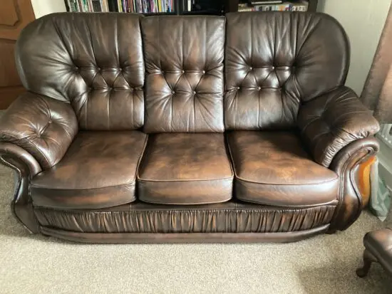 Bargain. Brown Leather sofas x 2 + footstool